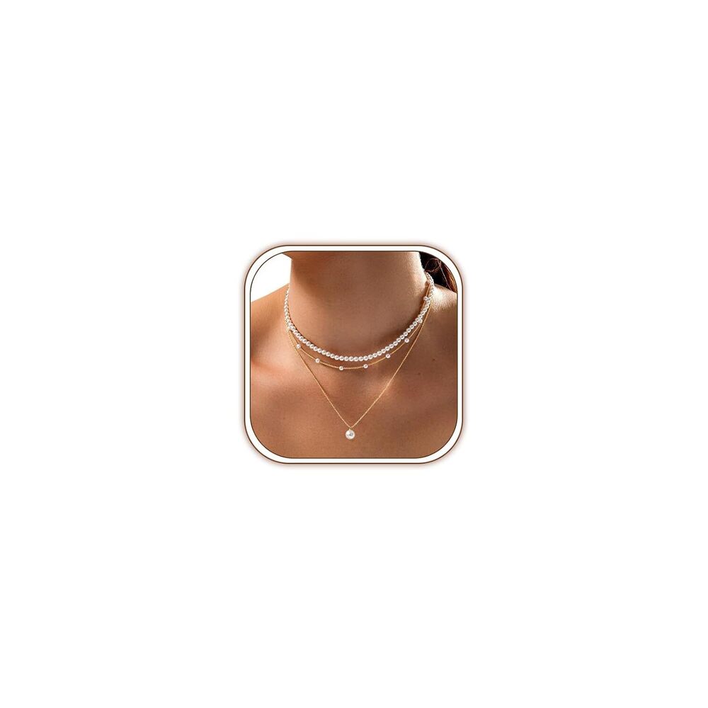 Layered Gold Pearl Necklaces for Women 14K Gold Plated Dainty Layered Tiny